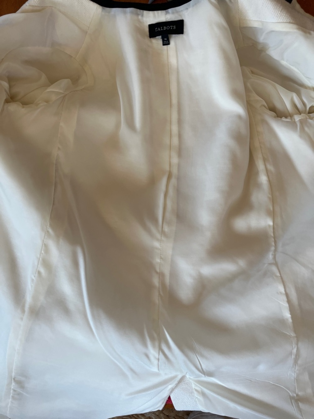 Talbots collarless textured Ivory Coat/Duster w/ Black Trim & pockets Size 14 - Picture 14 of 17